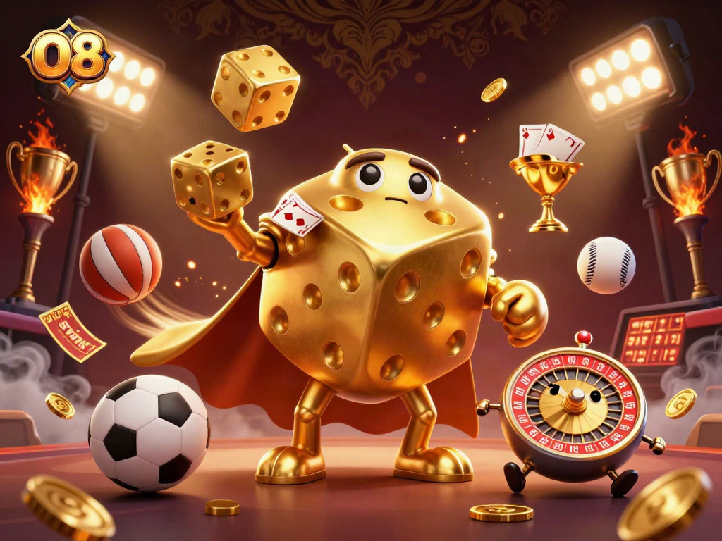 Engage with O8's dynamic gaming scene featuring golden dice and sports elements, showcasing excitement in gambling.
