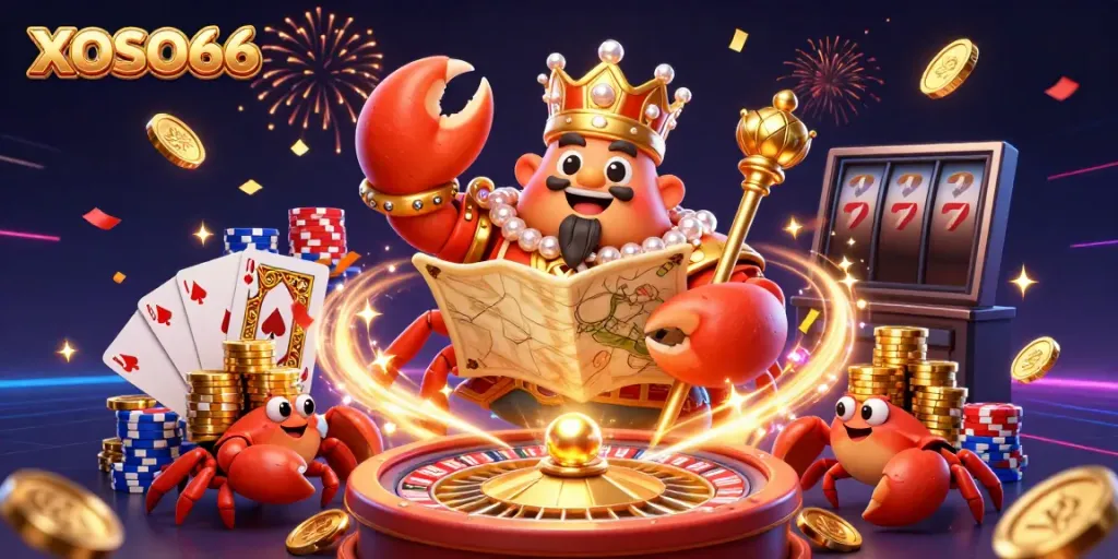 XOSO66 portrays a golden crab emperor in a vibrant casino scene filled with treasures and celebration.