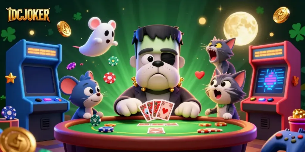 Engage with IDCJOKER's vibrant 3D scene of playful casino characters enhancing the online gaming atmosphere.