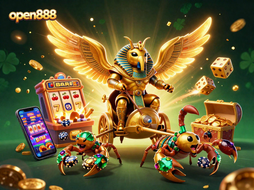 Experience the excitement of open888 with a rich, vibrant casino-themed 3D illustration bursting with action.