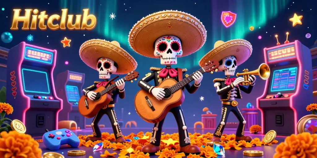 Experience the dynamic and colorful Hitclub gaming scene with mariachi skeletons and vibrant arcade elements.