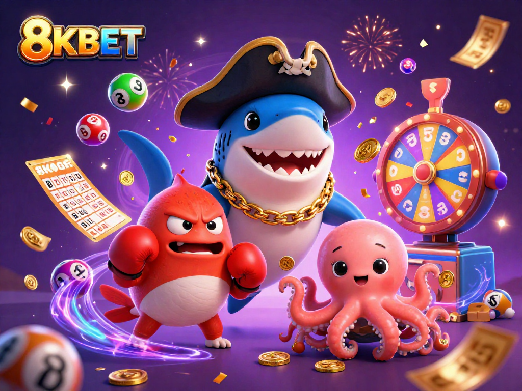 Join the fun with 8KBET as the colorful characters play exciting lottery games!
