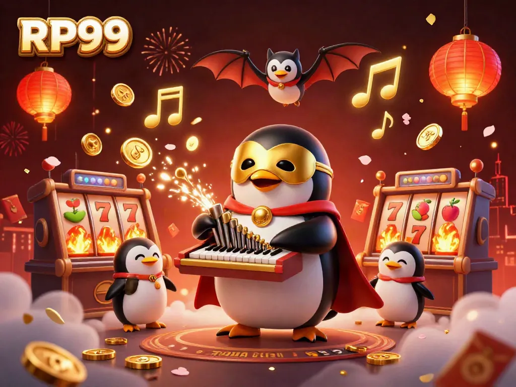 Experience RP99's vibrant casino scene with a penguin playing a pipe organ amidst gold coins and jackpot excitement.