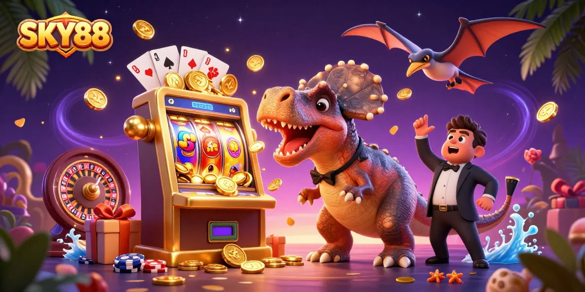 Win big at SKY88 with cartoon heroes battling for jackpot coins in a vibrant casino scene.
