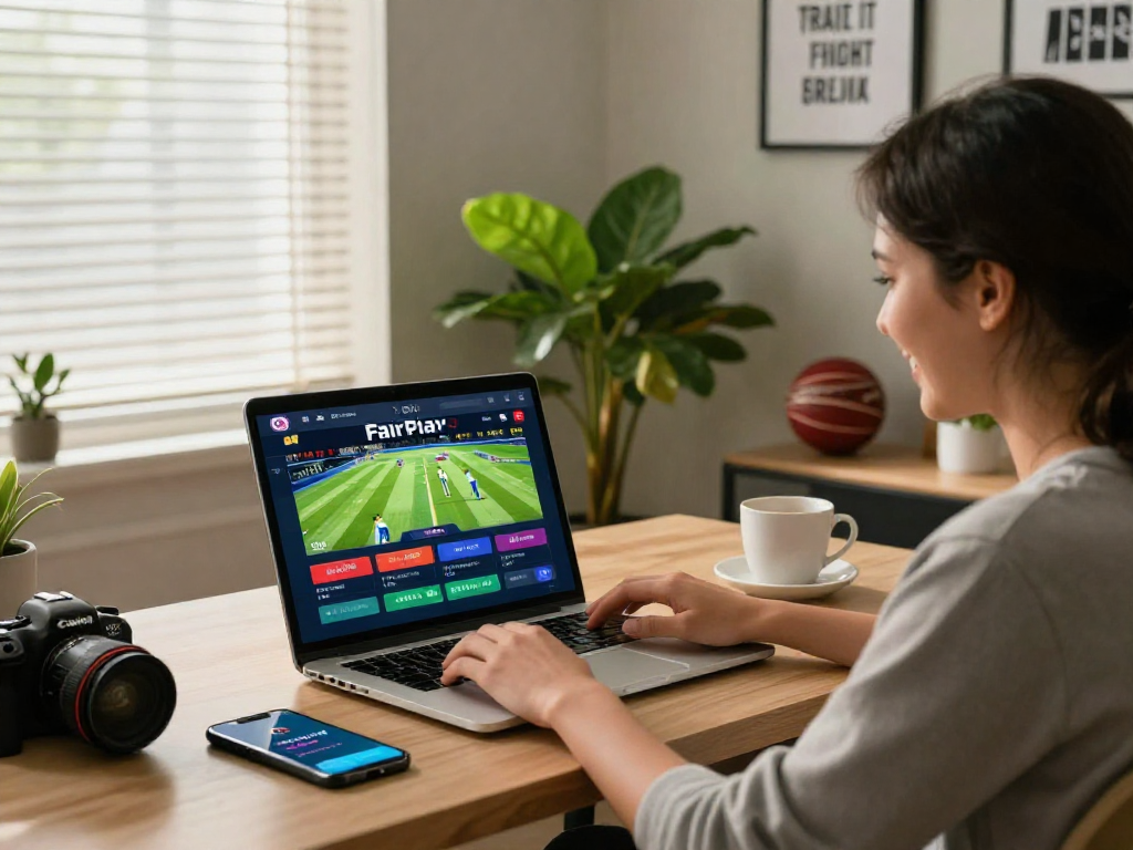Exciting FairPlay login scene with a user engaging in live cricket betting from a modern home office.