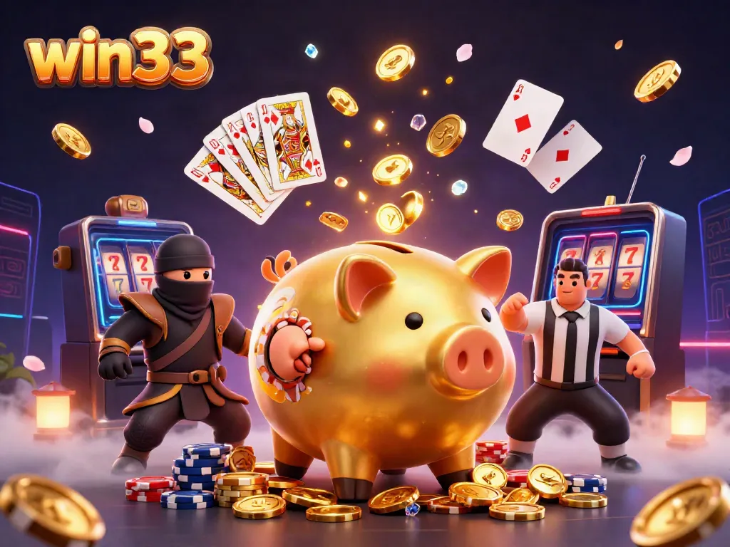 Experience the excitement of win33 with dynamic characters and shimmering casino elements.