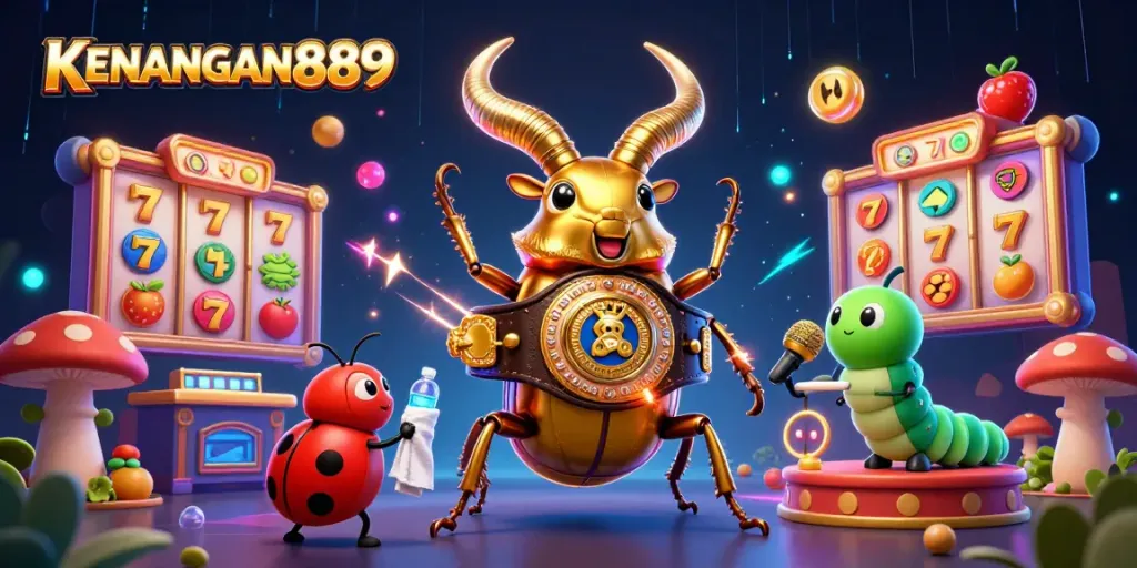 Experience excitement at KENANGAN889 with a vibrant casino scene featuring a boxing beetle champion.