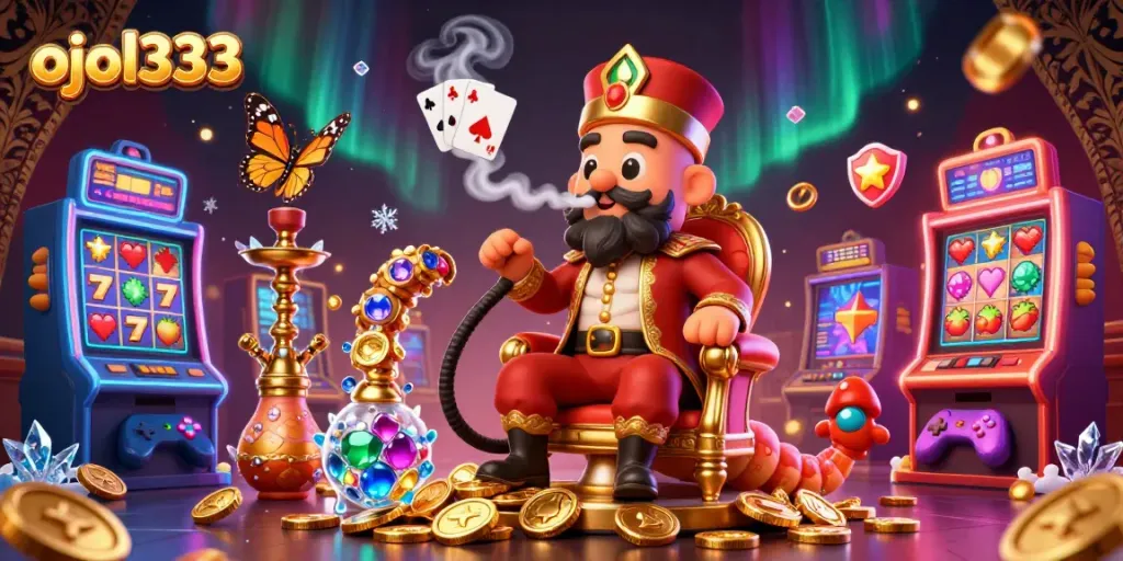 Spin the reels with ojol333 in a vibrant casino scene filled with colorful games and animated characters.