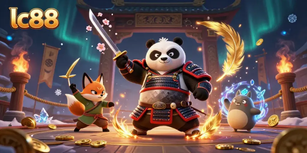 Experience the excitement of lc88 with a dynamic scene featuring a samurai panda, ninja fox, and tanuki among vivid casino elements.