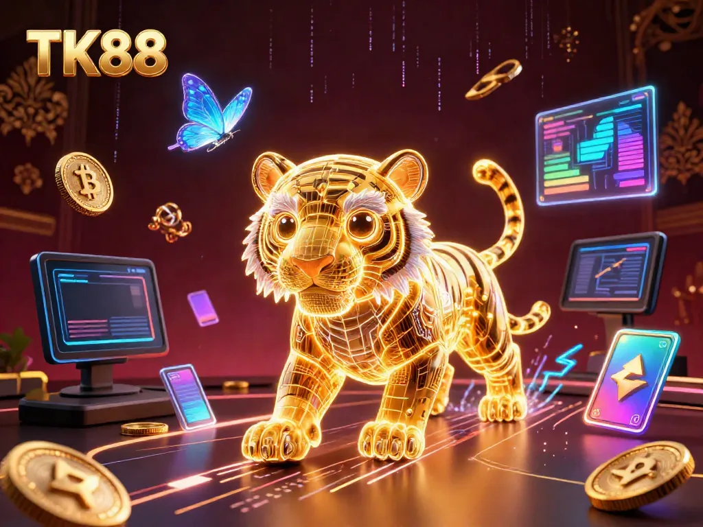 Experience the vibrant energy of TK88, where a golden tiger illuminates a digital casino landscape.