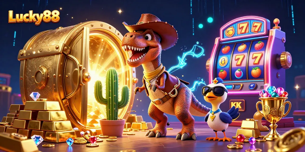Engage with Lucky88's dynamic gaming scene featuring a cartoon dinosaur and treasure-filled atmosphere.