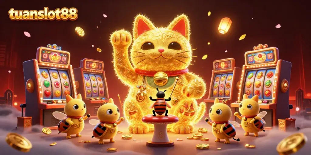TuanSlot88 menyajikan ilustrasi kasino berenergi tinggi dengan simbol keberuntungan dan lampion cantik.