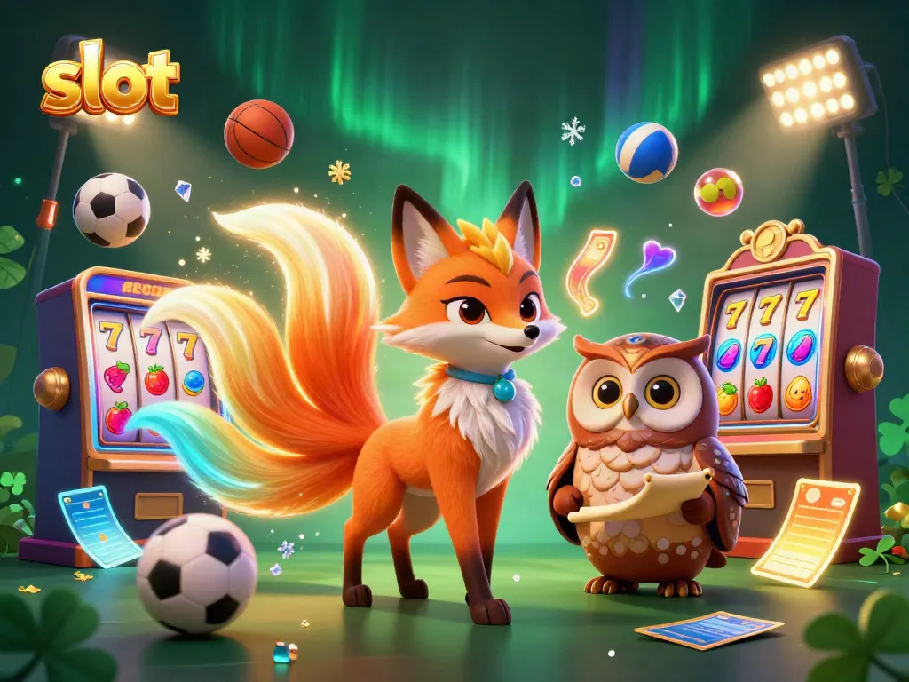 Engaging slot gaming illustration featuring a colorful nine-tailed fox spirit and owl, surrounded by dynamic slot elements.