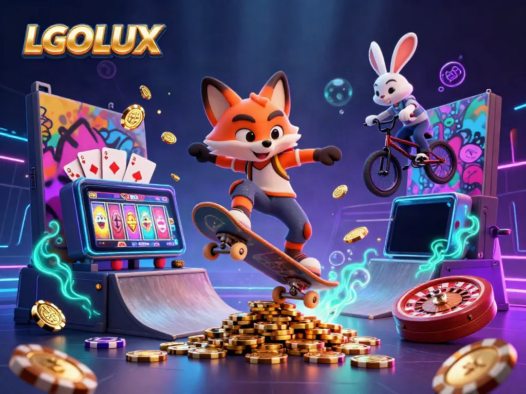 Engage with LGOLUX in a dynamic scene featuring a skateboarder fox and BMX rabbit amidst casino-themed elements.