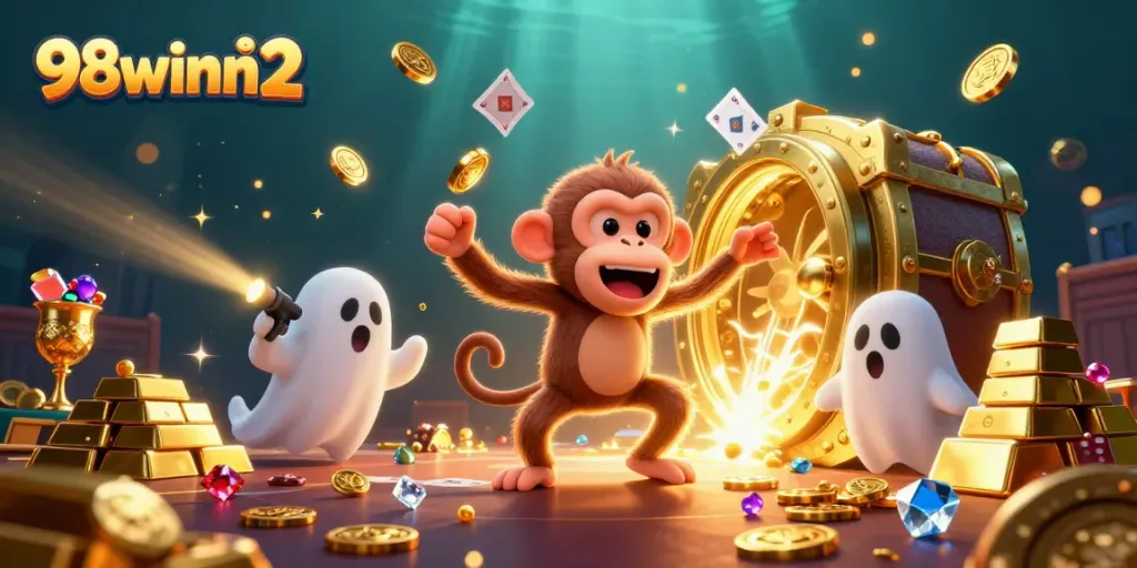 Experience the enchanting world of 98winn2 as a playful poltergeist monkey juggles golden treasures in a haunted casino.