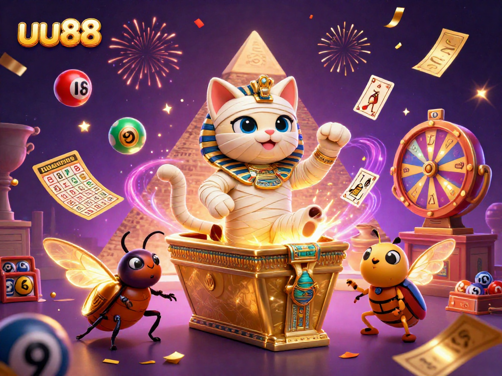 Engage in thrilling uu88 casino action with a vibrant pyramid scene featuring a mummy cat and golden beetle.