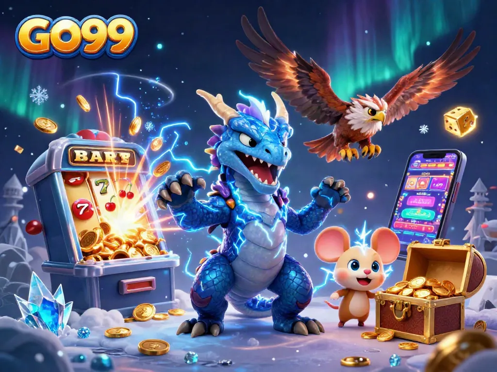 Experience GO99’s thrilling jackpots with dynamic dragons and vibrant casino elements.