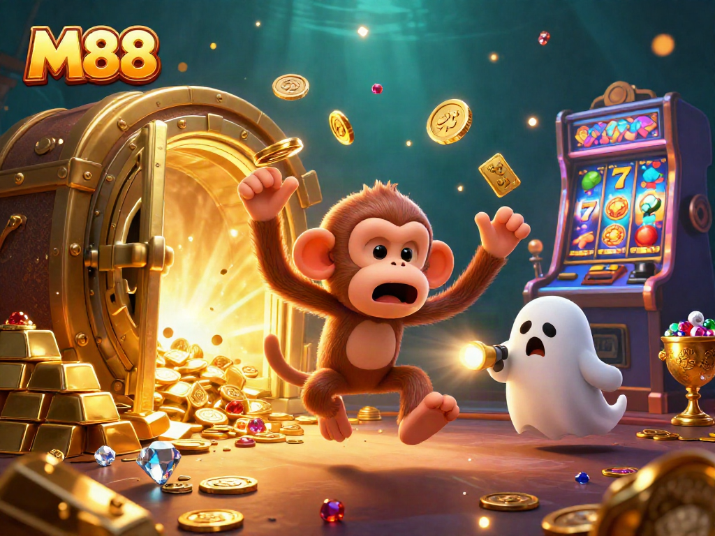 M88 showcases thrilling slot action with a lively poltergeist monkey and ghost-hunter puppy in a jeweled casino.