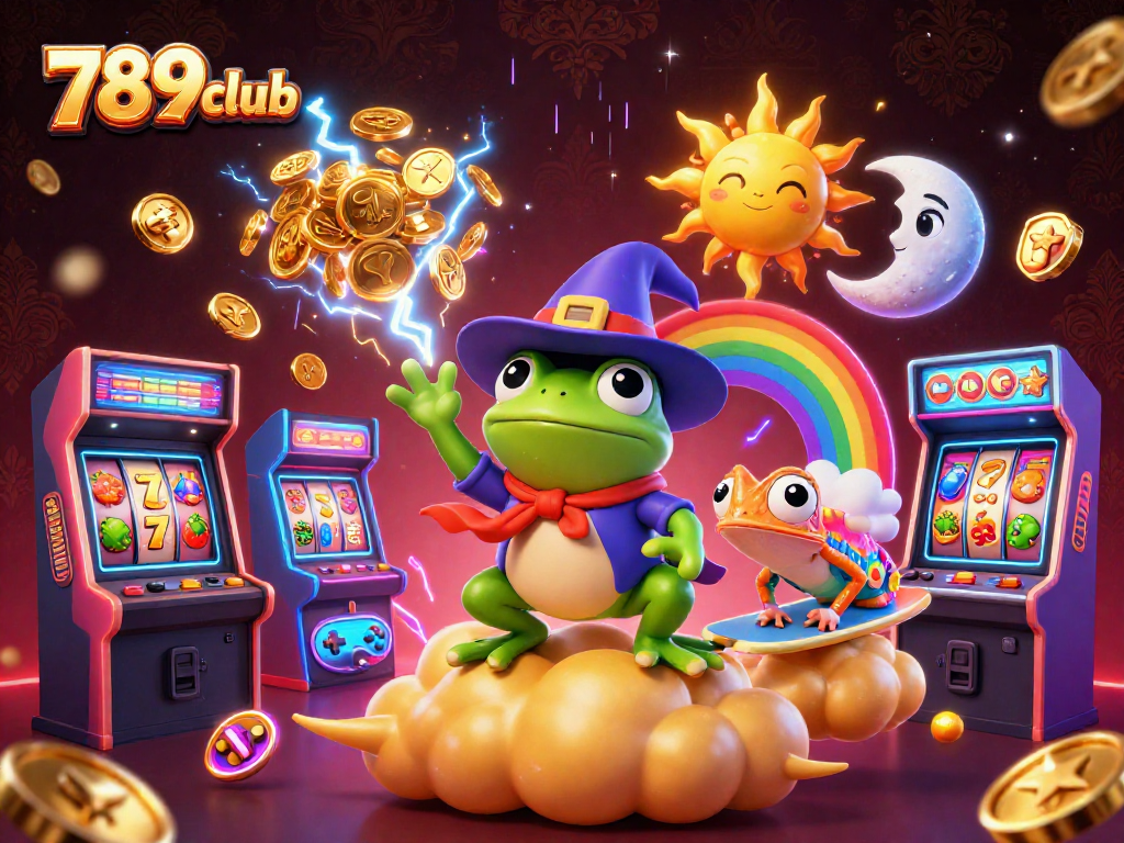 Engage with the thrill of 789club as a wizard frog conjures coins amidst vibrant gaming elements.