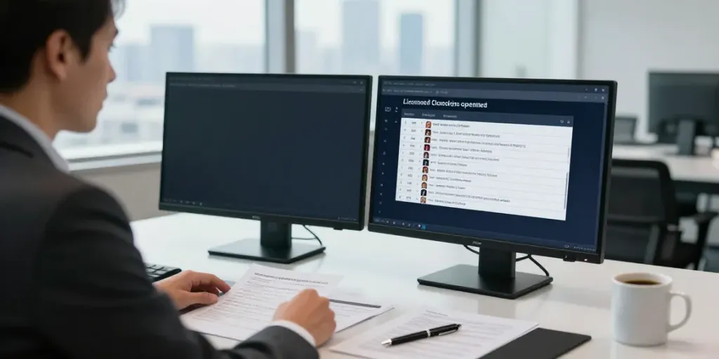 OperatoriuGidas expert evaluating licensed gambling operators in a modern office.