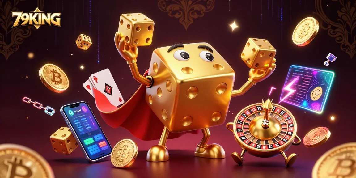 79KING gaming strategy featuring a golden dice golem, crypto coins, and casino elements in vibrant 3D.