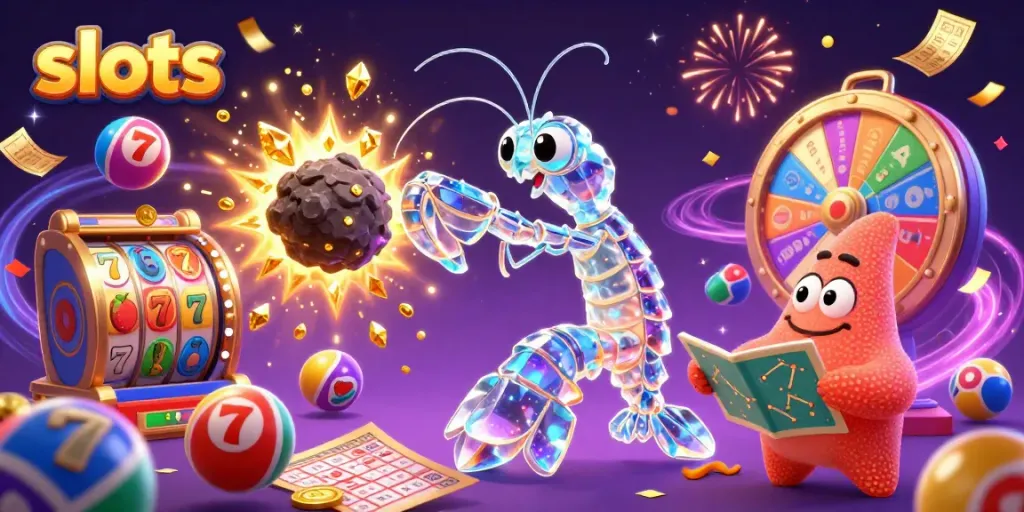 Experience thrilling slots gameplay with a 3D cartoon mantis shrimp in a vibrant casino world.