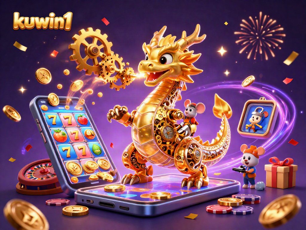Kuwin1 showcases a vibrant scene with a golden dragon and gaming elements celebrating casino excitement.