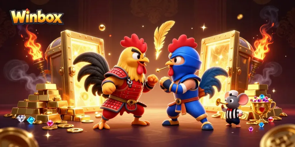Winbox showcases thrilling standoff between samurai rooster and ninja rooster with gold treasures and vibrant casino elements.