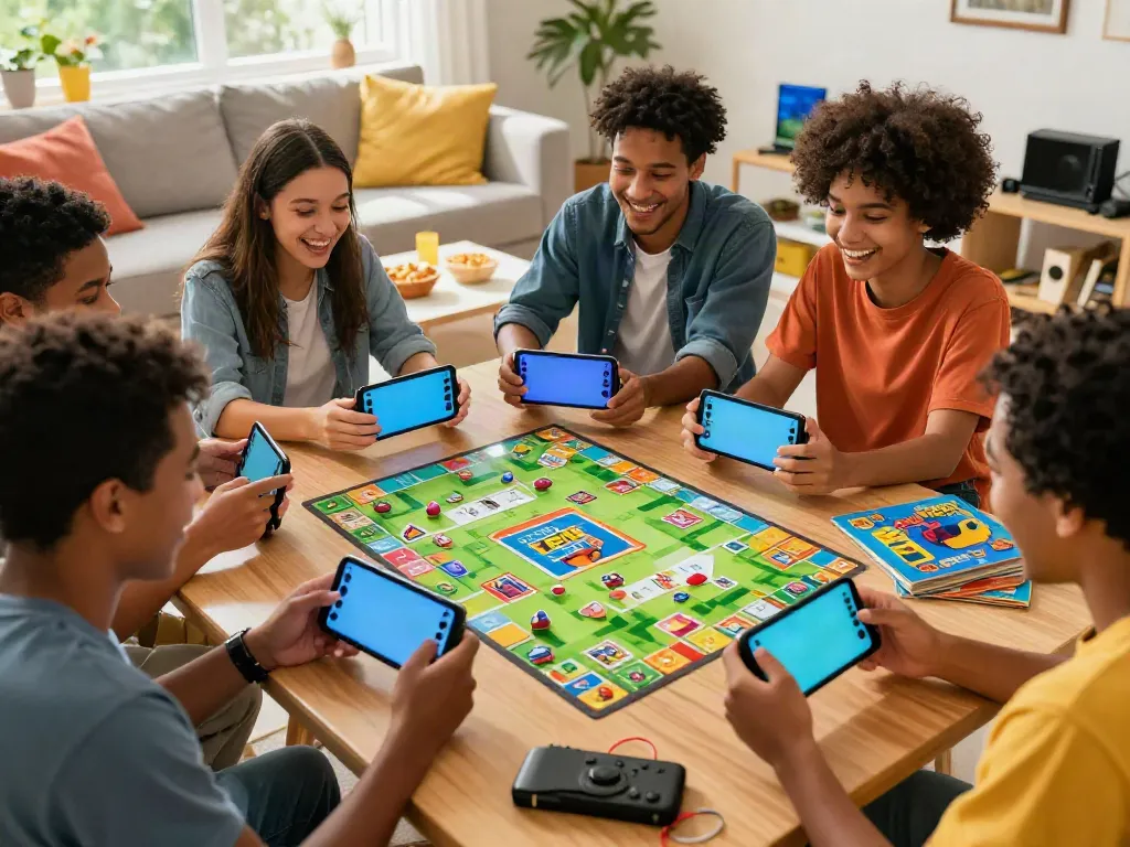 Engaged friends playing Rumble Rummy app on a smartphone, showcasing a vibrant gaming atmosphere.