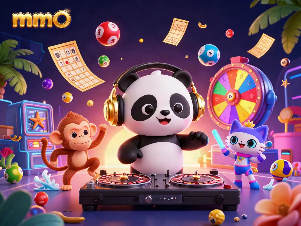 Engage with mmoo's vibrant casino scene featuring DJ panda, dancing monkey, and glowing kitten.