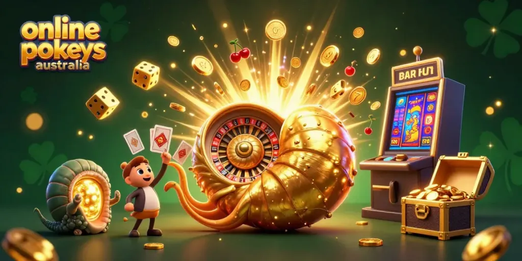Experience thrilling online pokies Australia with a vibrant 3D scene showcasing casino excitement and rich visuals.
