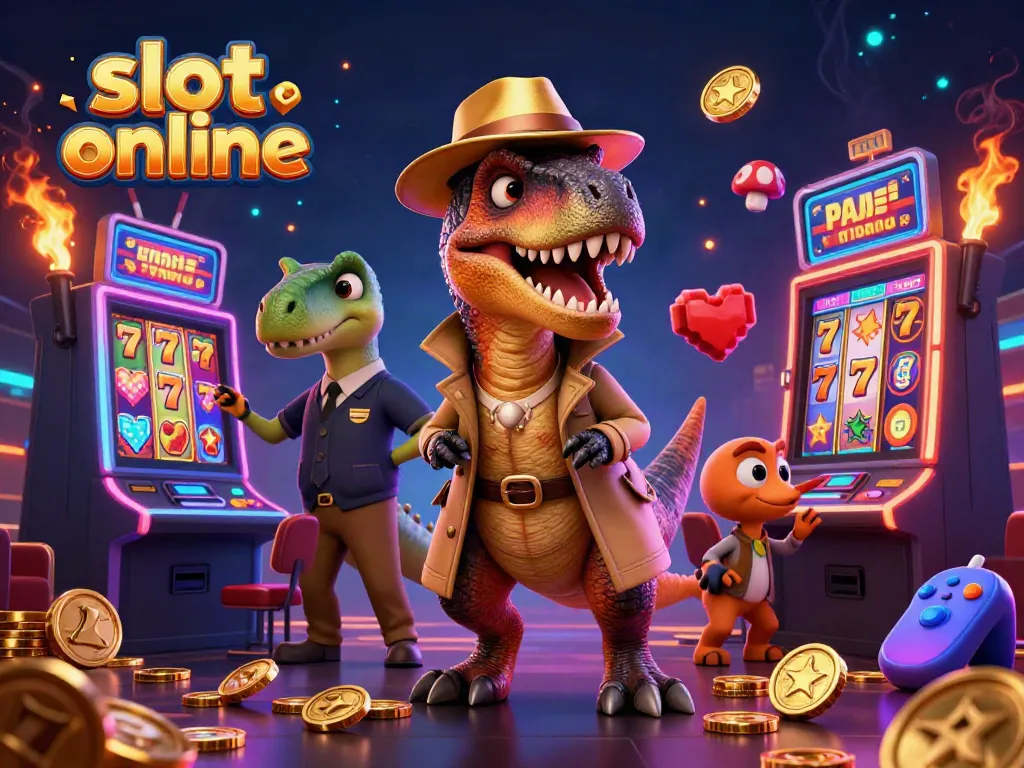Slot online dengan ilustrasi 3D dari velociraptor dan stegosaurus di kasino, menonjolkan suasana permainan
