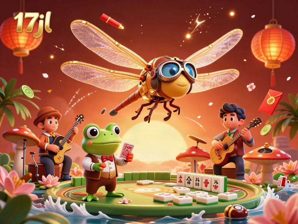 Experience thrilling casino action with 17jl as a helicopter dragonfly pilot and frog croupier in a vibrant scene.