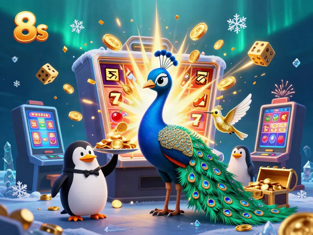 Play exciting casino games at 8s, with vibrant characters enjoying jackpots and golden chips.