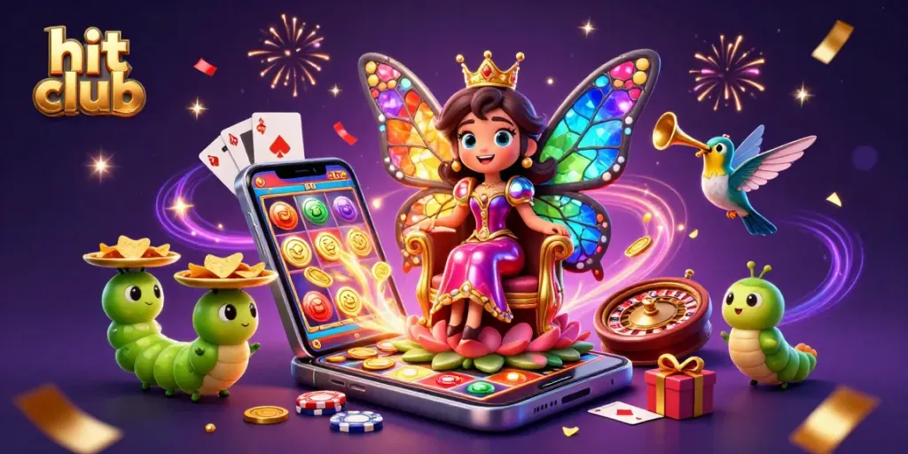 Spin colorful slot games at hit club with a glamorous butterfly queen and festive decorations.