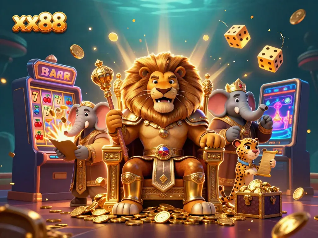 Experience the excitement at xx88 with a dynamic casino scene featuring a lion king, a wise elephant, and a swift cheetah.