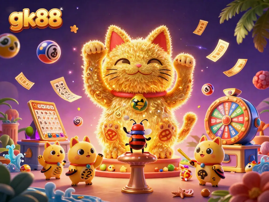 Experience thrilling gameplay with gk88's vibrant casino symbols and lucky cat illustration.