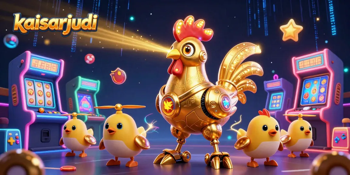 Kaisarjudi brings excitement to gaming with a vibrant scene of a golden rooster robot and baby chick drones amidst colorful casino elements.