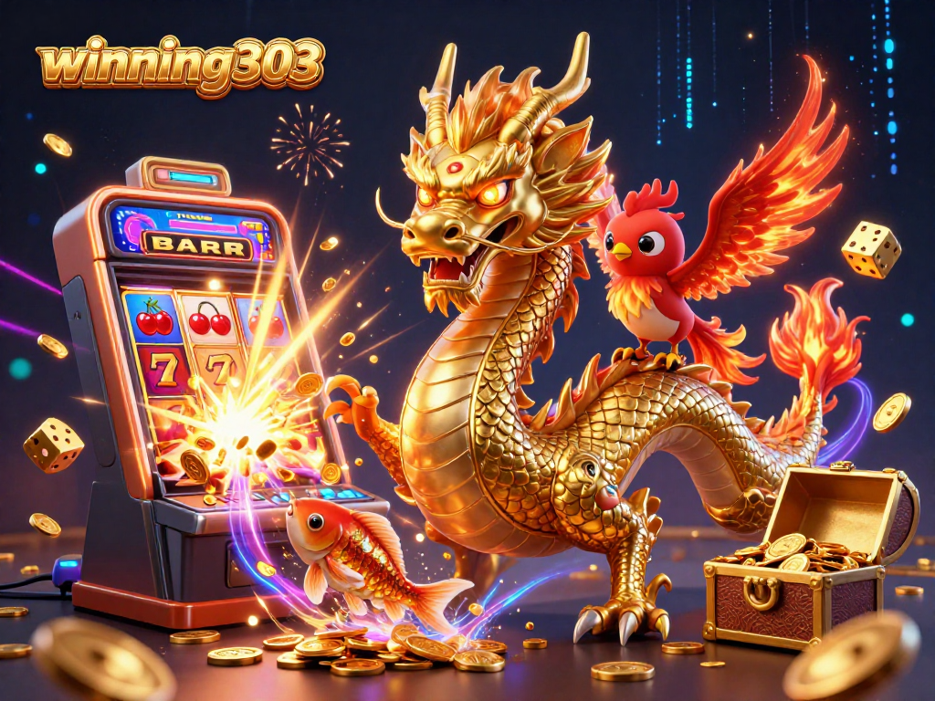 Win big with winning303 featuring a golden dragon, phoenix, and koi amidst vibrant casino symbols.