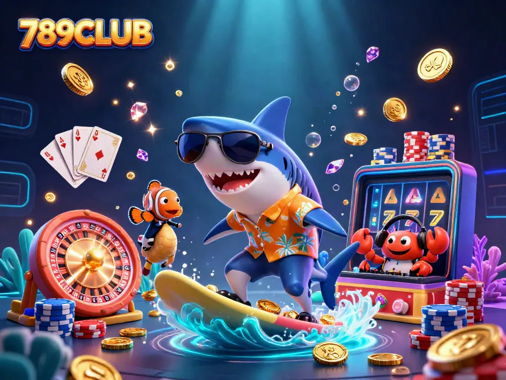 Experience the thrill of 789CLUB as a shark surfs golden coins with gaming energy all around.