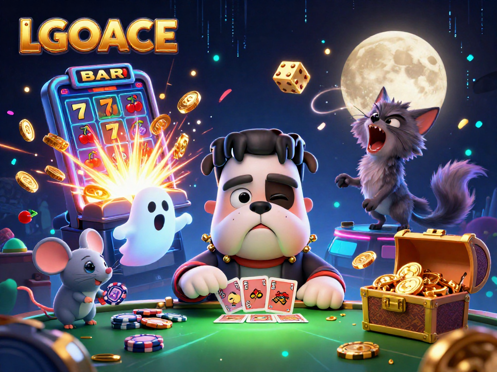 LGOACE showcases a lively 3D cartoon casino scene with a Frankenstein bulldog and ghostly elements engaging players in card games.