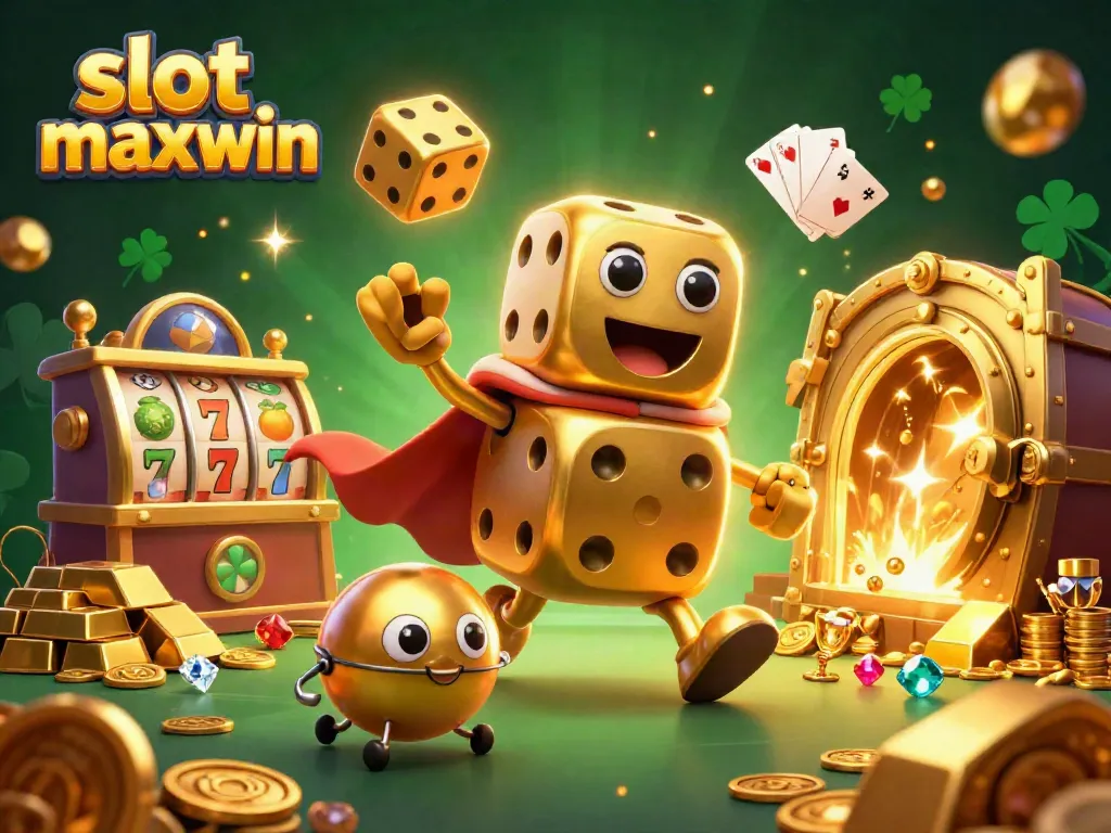 Experience slot maxwin excitement with the golden dice golem, juggling treasures in a dynamic casino scene.