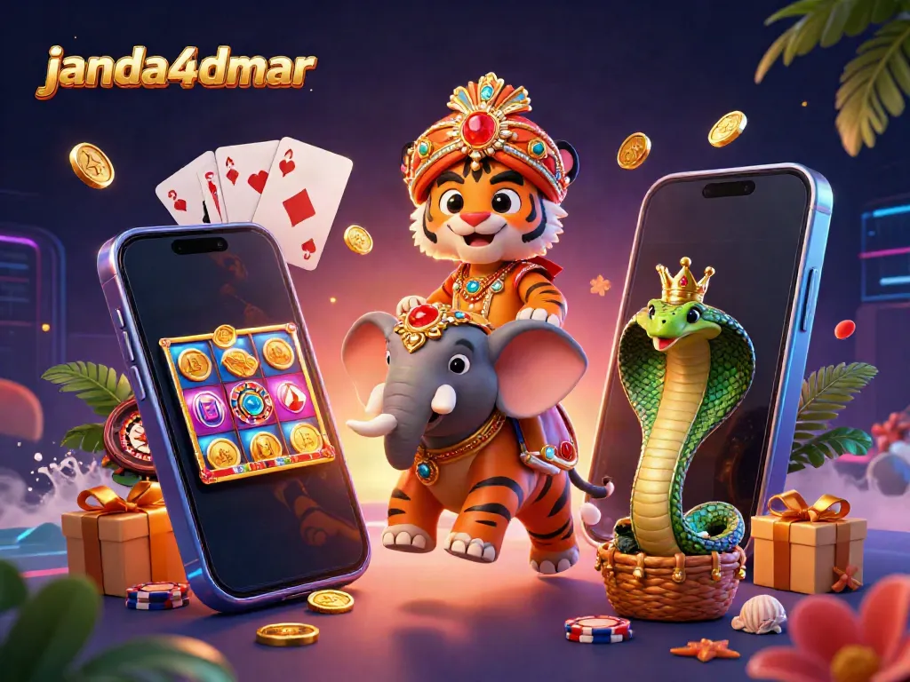 Gambarkan aksi seru dengan janda4dmar dalam ilustrasi 3D kasino digital yang dinamis.