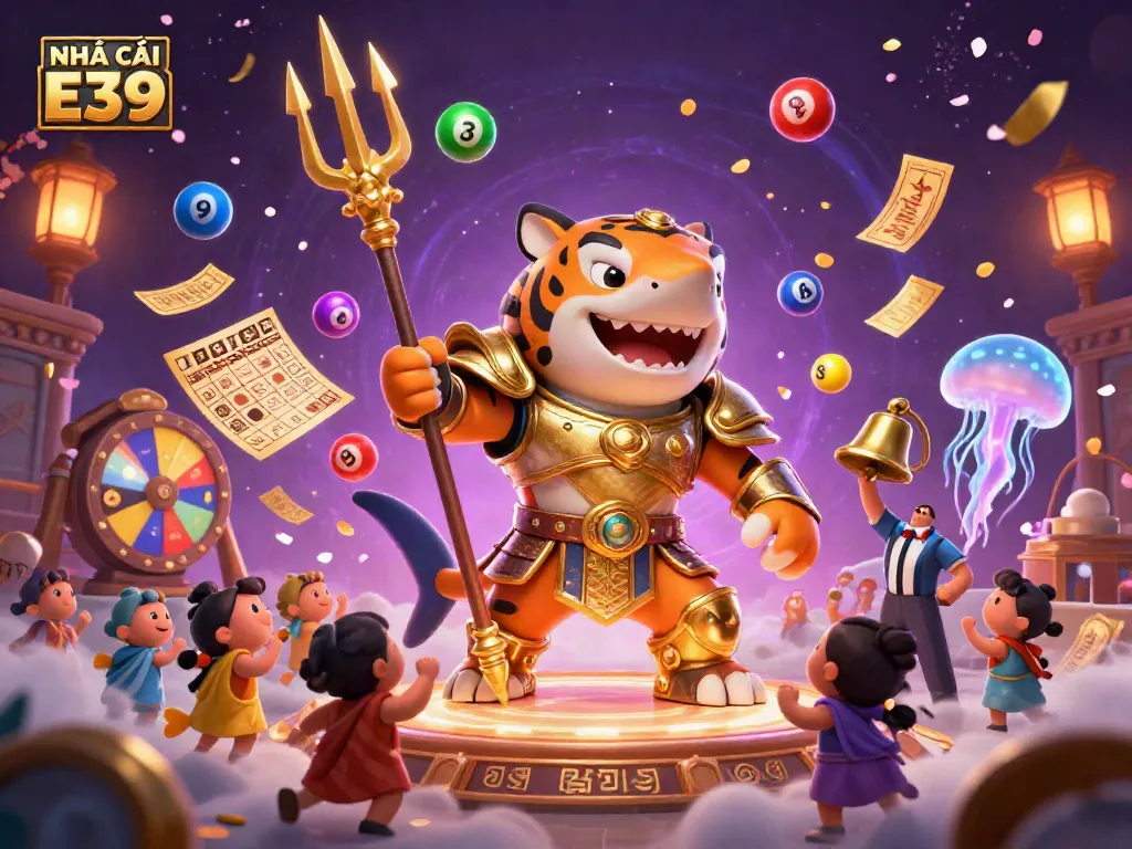 Engage with NHÀ CÁI E39's vibrant underwater casino scene featuring a heroic shark and thrilling lottery elements.