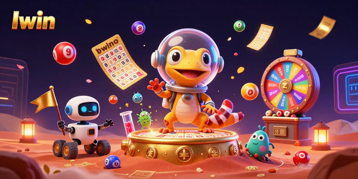 Iwin showcases an enthusiastic Martian gecko celebrating a lottery win in a vibrant 3D casino scene.