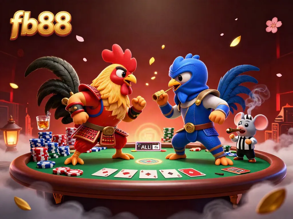 Experience the excitement of cockfighting at fb88 with dramatic roosters and vibrant casino elements.