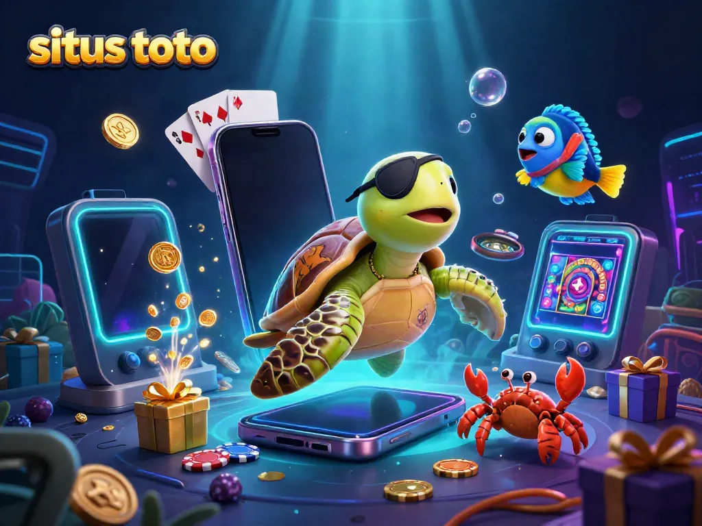 Engage with situs toto's thrilling underwater adventure showcasing a pirate turtle and vibrant casino elements.