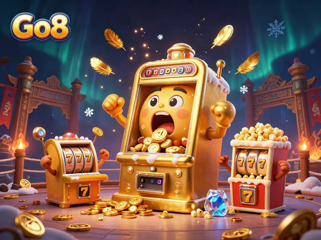 Go8 slot machine hitting a jackpot, with cheering smaller machines and golden elements around.