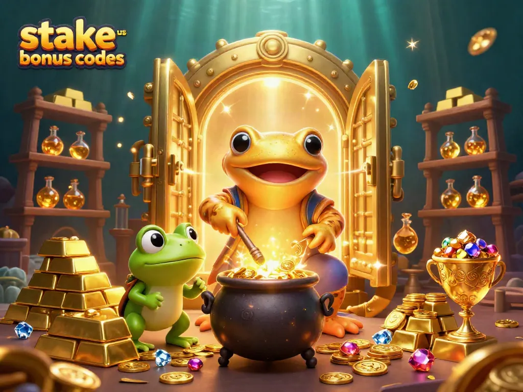 Experience the excitement of stake us bonus codes with a magical 3D casino scene full of gold and treasures.