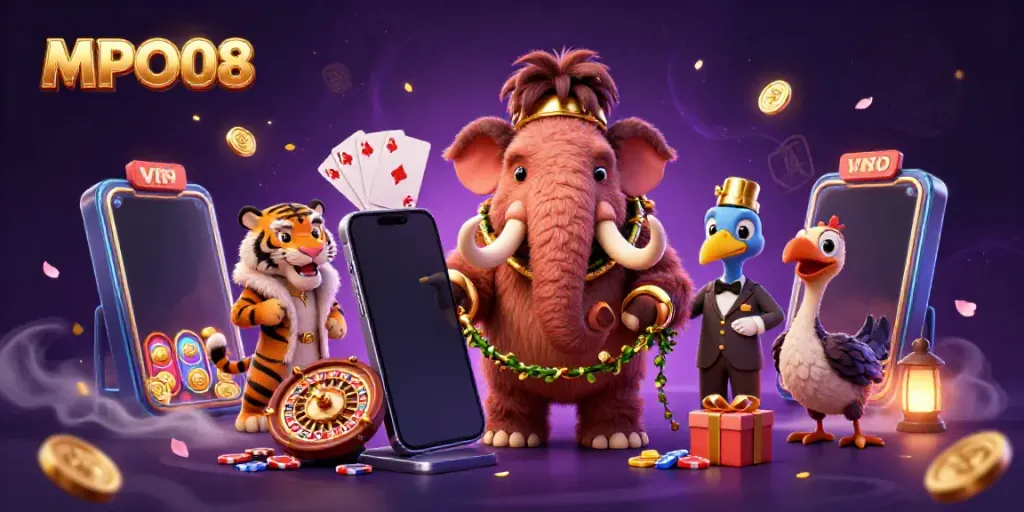 MPO08 casino scene showing a woolly mammoth bouncer, saber-tooth VIP, and dodo doorman among gaming elements.